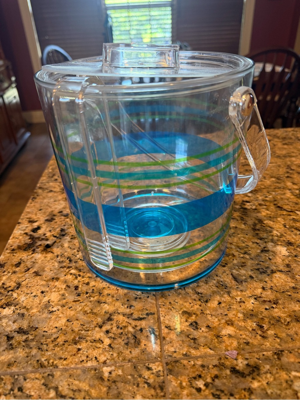 Clear Plastic Ice Bucket with Blue and Green Stripes - cups included